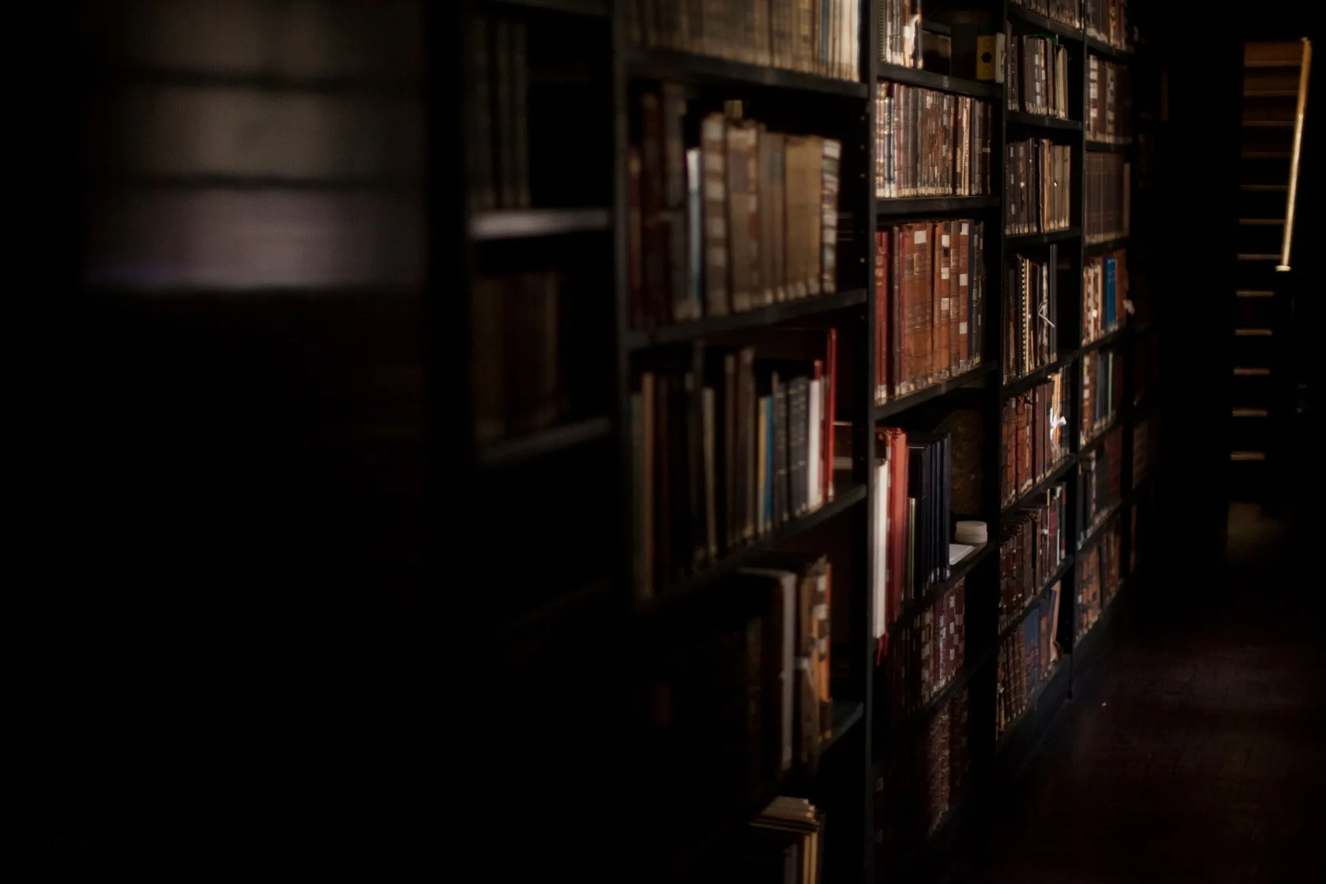 Photo of book on darkened private library shelves; photo by bitenka with Getty Images.